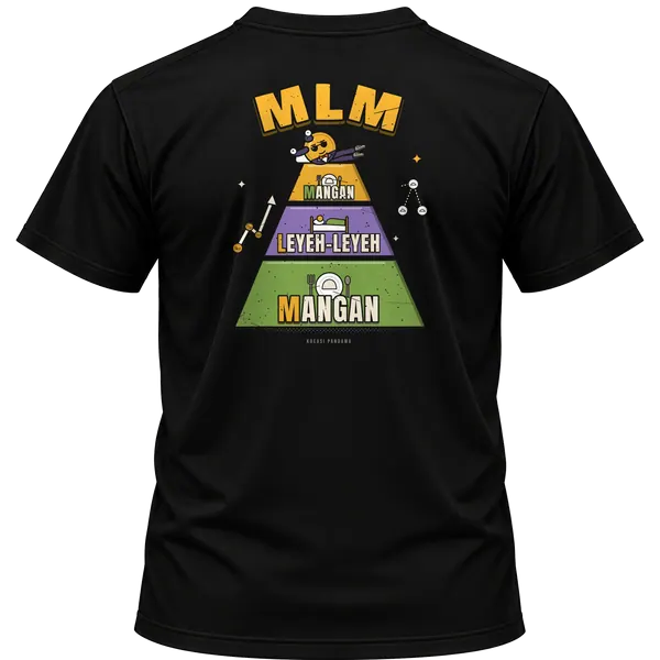 Mockup kaos hitam Kreasi Pandawa tampak belakang, sablon punggung: MLM: Mangan, Leyeh-leyeh, Mangan