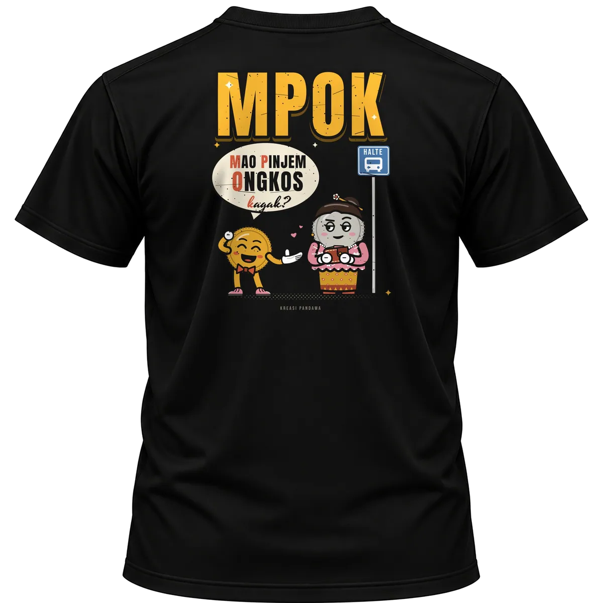 Mockup kaos hitam Kreasi Pandawa tampak belakang, sablon punggung: MPOK: Mao Pinjem Ongkos, Kagak?