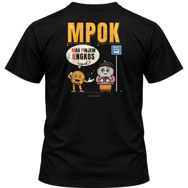 Mockup kaos hitam Kreasi Pandawa tampak belakang, sablon punggung: MPOK: Mao Pinjem Ongkos, Kagak?