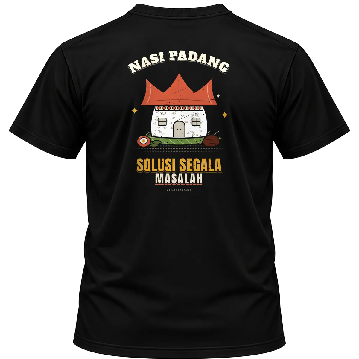Mockup kaos hitam Kreasi Pandawa tampak belakang, sablon punggung: Nasi padang solusi segala masalah
