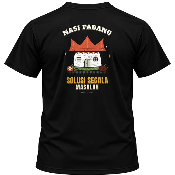 Mockup kaos hitam Kreasi Pandawa tampak belakang, sablon punggung: Nasi padang solusi segala masalah