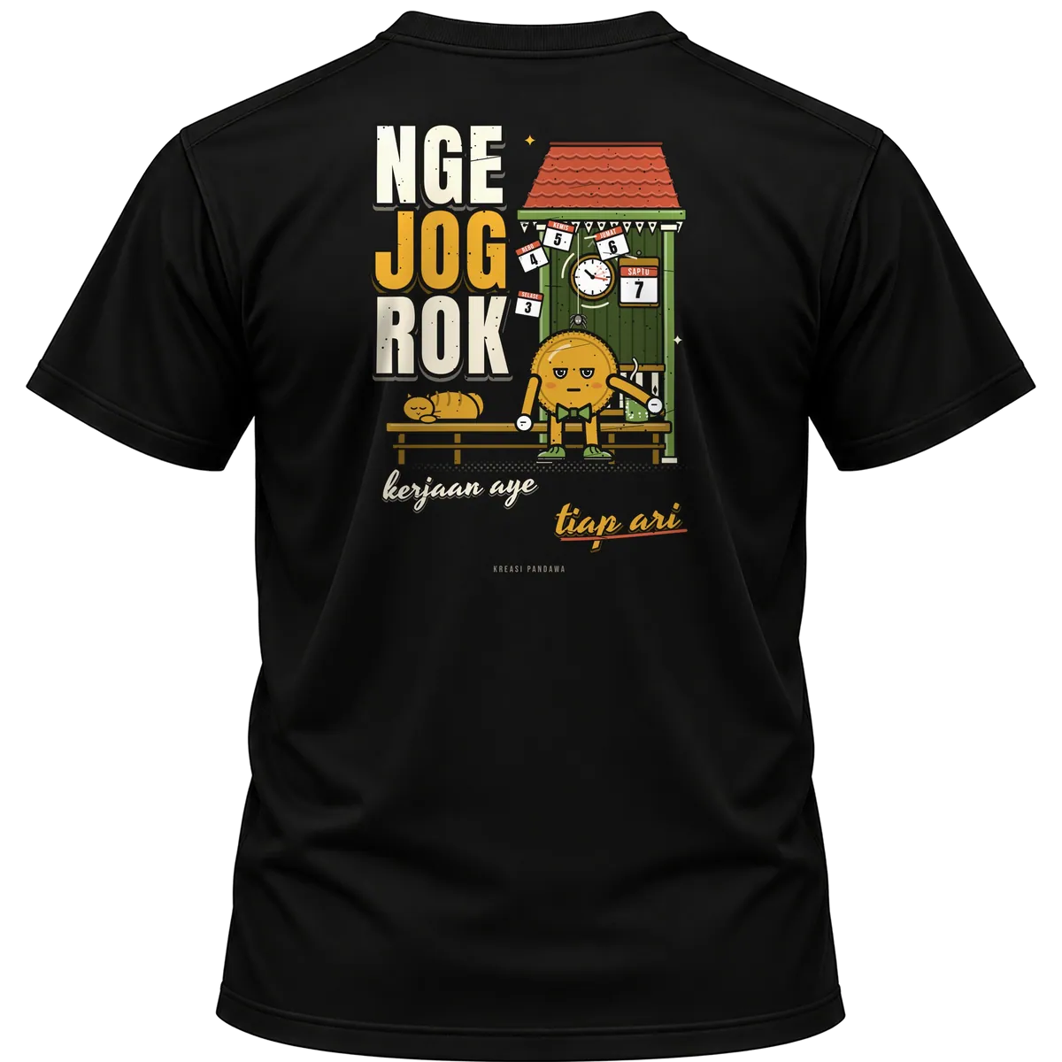Mockup kaos hitam Kreasi Pandawa tampak belakang, sablon punggung: Ngejogrok, kerjaan aye tiap ari