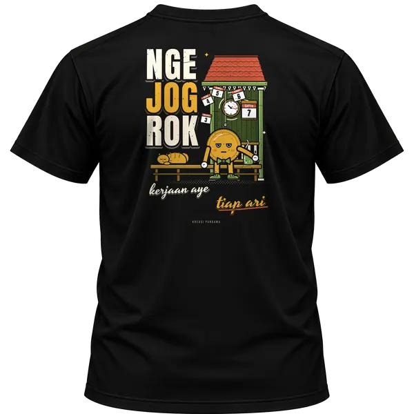 Mockup kaos hitam Kreasi Pandawa tampak belakang, sablon punggung: Ngejogrok, kerjaan aye tiap ari