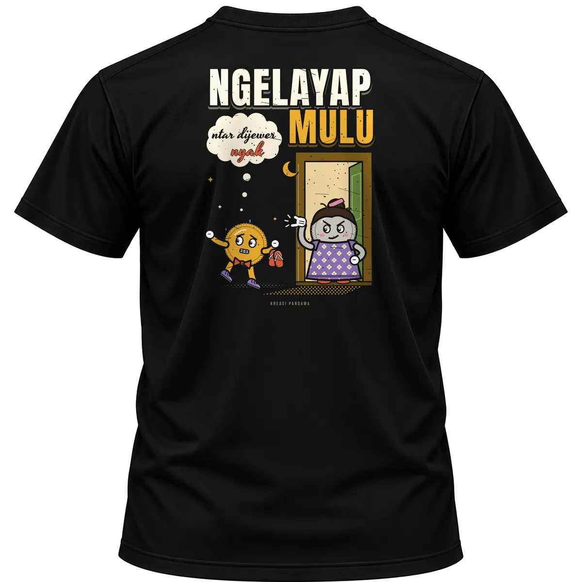Mockup kaos hitam Kreasi Pandawa tampak belakang, sablon punggung: Ngelayap mulu, ntar dijewer nyak