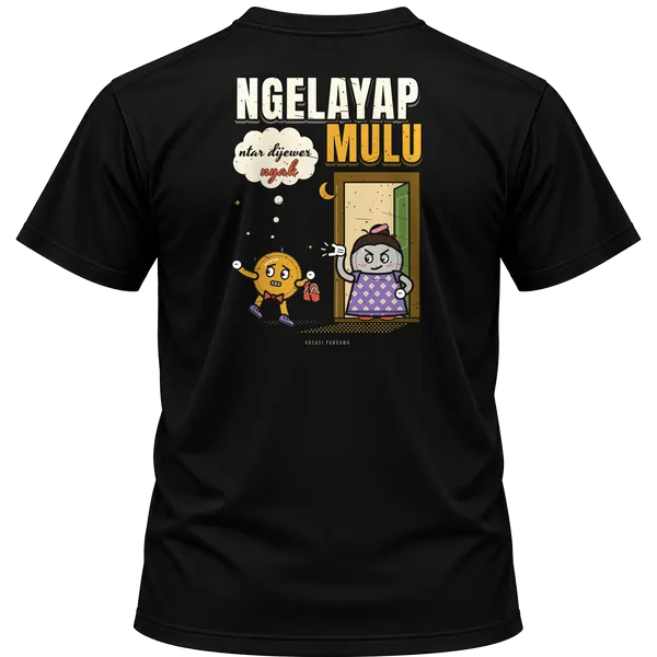 Mockup kaos hitam Kreasi Pandawa tampak belakang, sablon punggung: Ngelayap mulu, ntar dijewer nyak