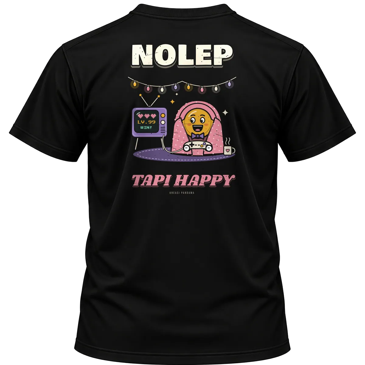 Mockup kaos hitam Kreasi Pandawa tampak belakang, sablon punggung: Nolep tapi happy