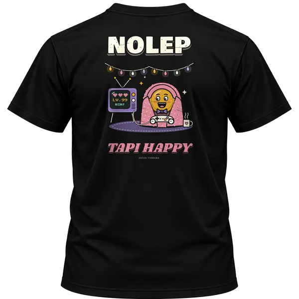 Mockup kaos hitam Kreasi Pandawa tampak belakang, sablon punggung: Nolep tapi happy