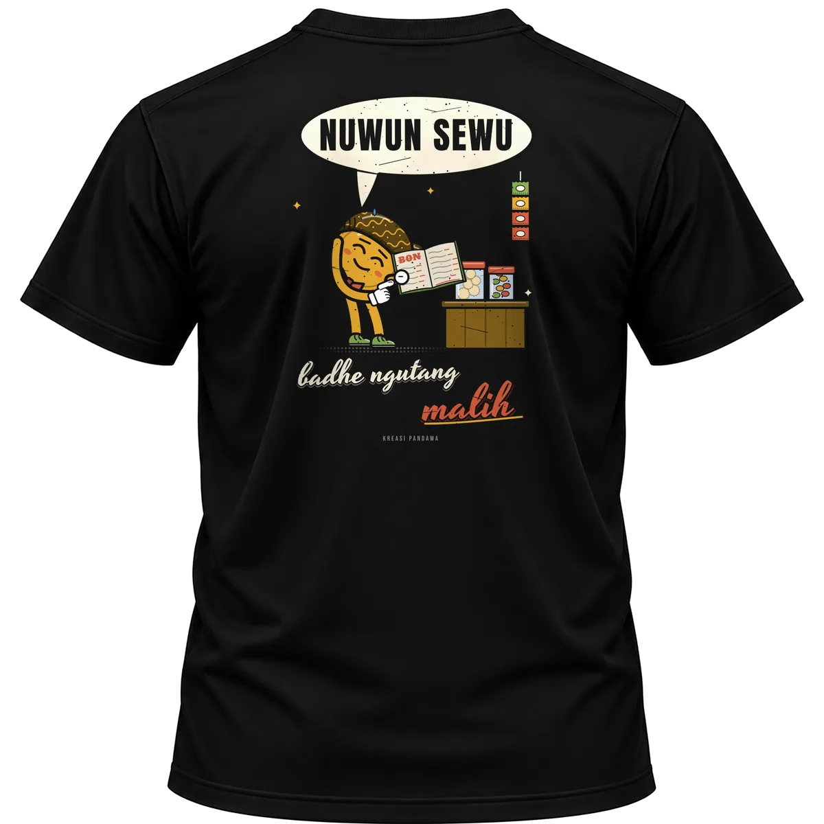 Mockup kaos hitam Kreasi Pandawa tampak belakang, sablon punggung: Nuwun sewu, badhe ngutang malih