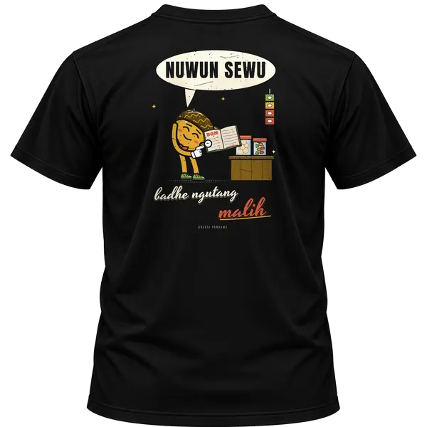 Mockup kaos hitam Kreasi Pandawa tampak belakang, sablon punggung: Nuwun sewu, badhe ngutang malih