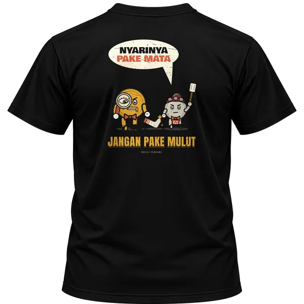 Mockup kaos hitam Kreasi Pandawa tampak belakang, sablon punggung: Nyarinya pake mata, jangan pake mulut