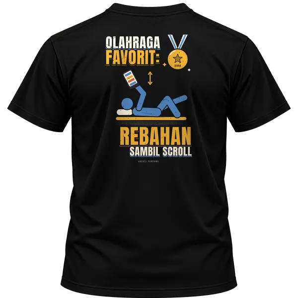 Mockup kaos hitam Kreasi Pandawa tampak belakang, sablon punggung: Olahraga favorit: rebahan sambil scroll