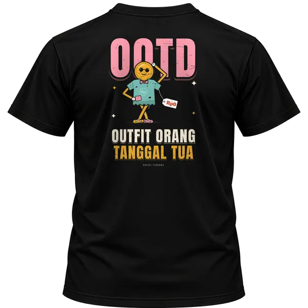Mockup kaos hitam Kreasi Pandawa tampak belakang, sablon punggung: OOTD: Outfit Orang Tanggal Tua