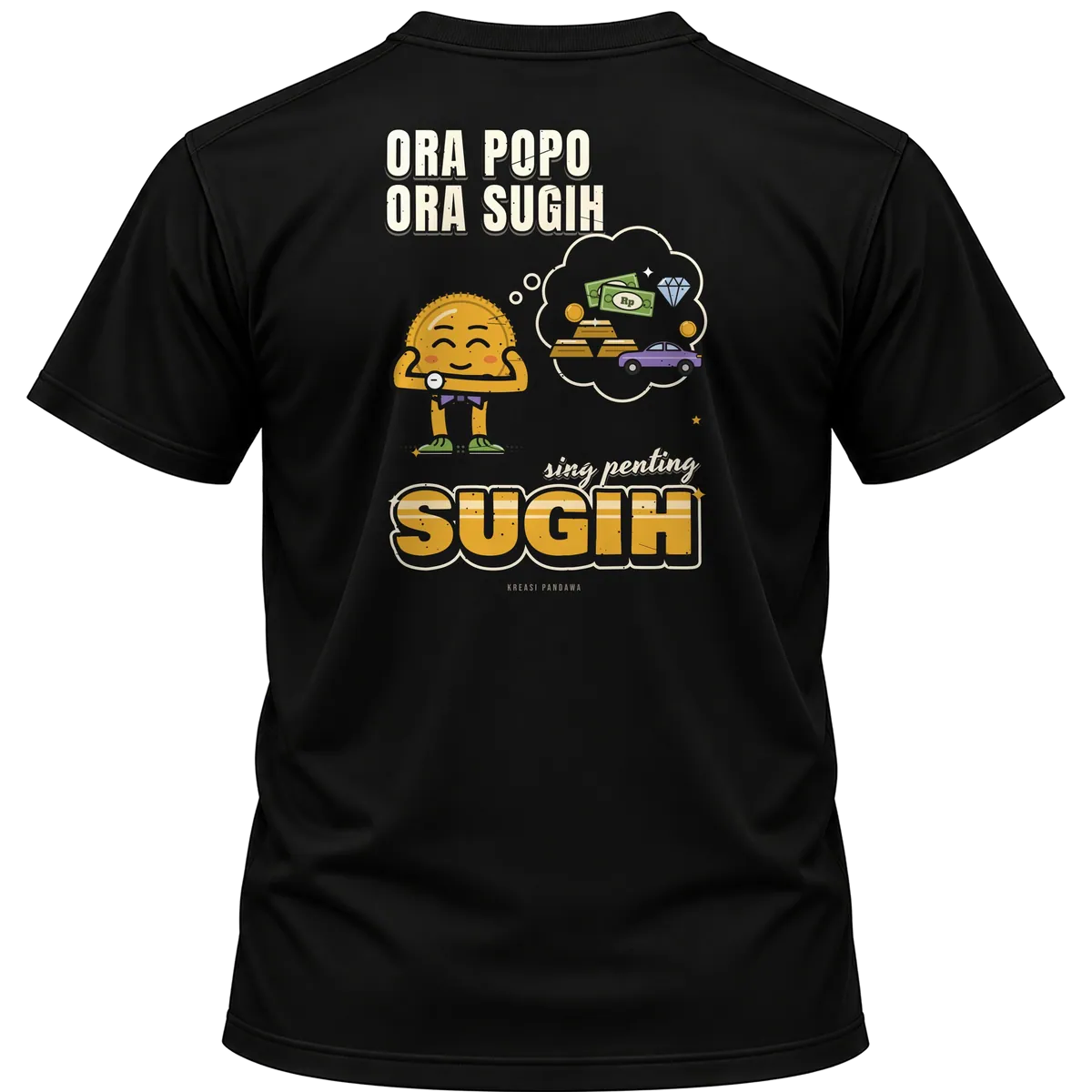 Mockup kaos hitam Kreasi Pandawa tampak belakang, sablon punggung: Ora popo ora sugih, sing penting sugih