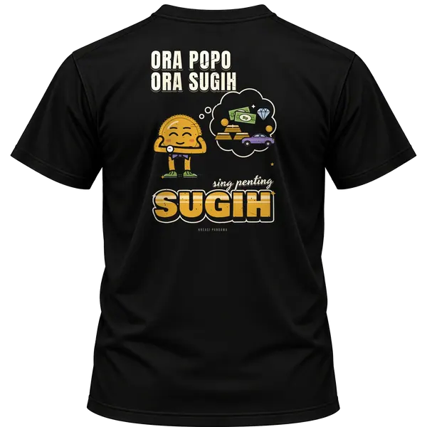 Mockup kaos hitam Kreasi Pandawa tampak belakang, sablon punggung: Ora popo ora sugih, sing penting sugih