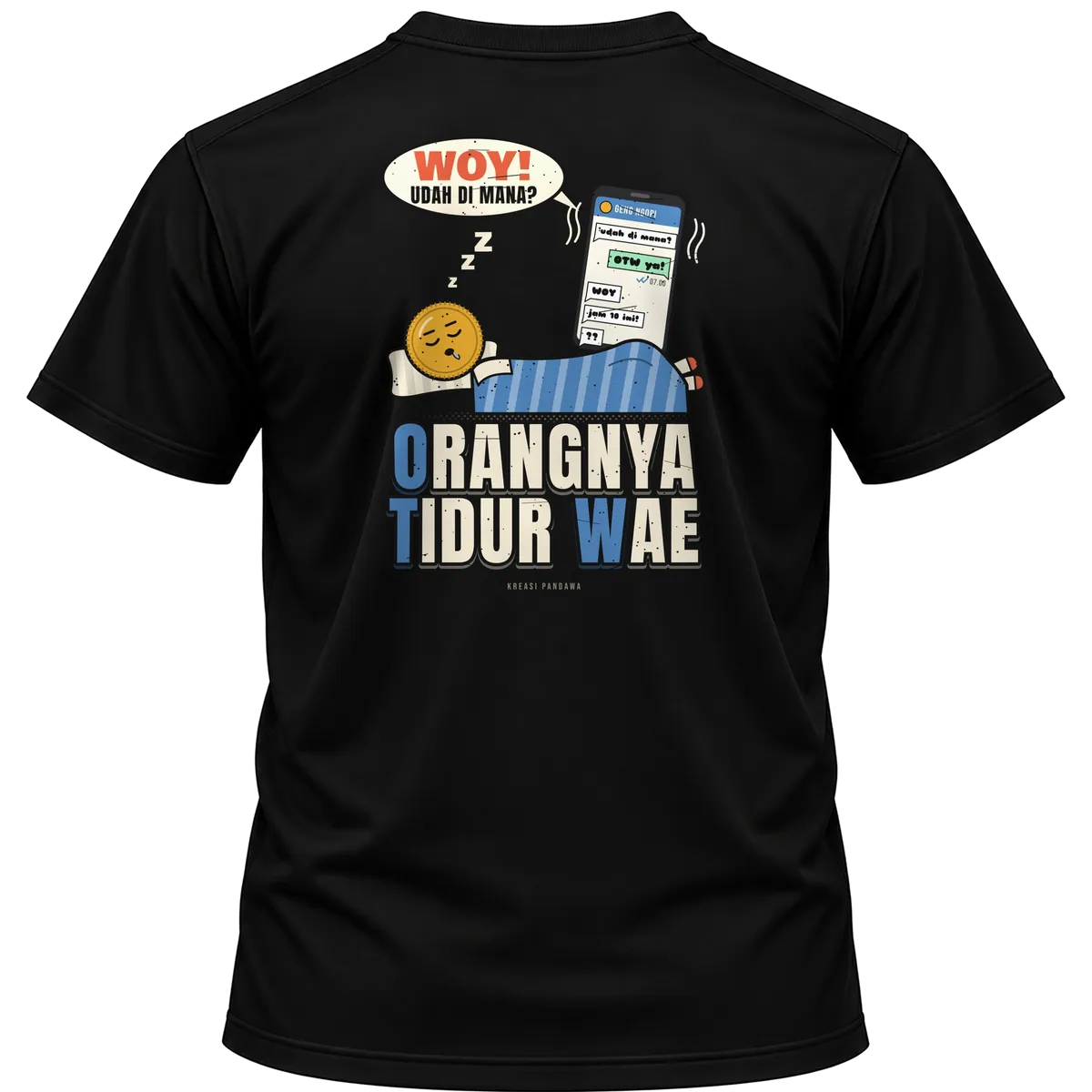 Mockup kaos hitam Kreasi Pandawa tampak belakang, sablon punggung: OTW: Orangnya Tidur Wae