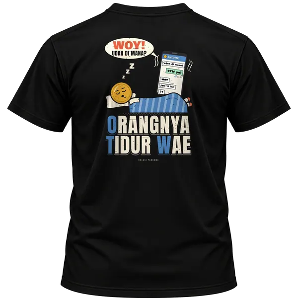 Mockup kaos hitam Kreasi Pandawa tampak belakang, sablon punggung: OTW: Orangnya Tidur Wae