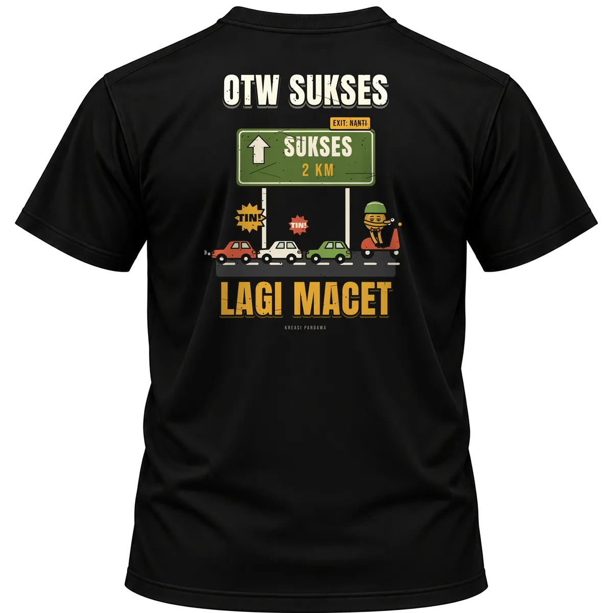 Mockup kaos hitam Kreasi Pandawa tampak belakang, sablon punggung: OTW sukses, lagi macet