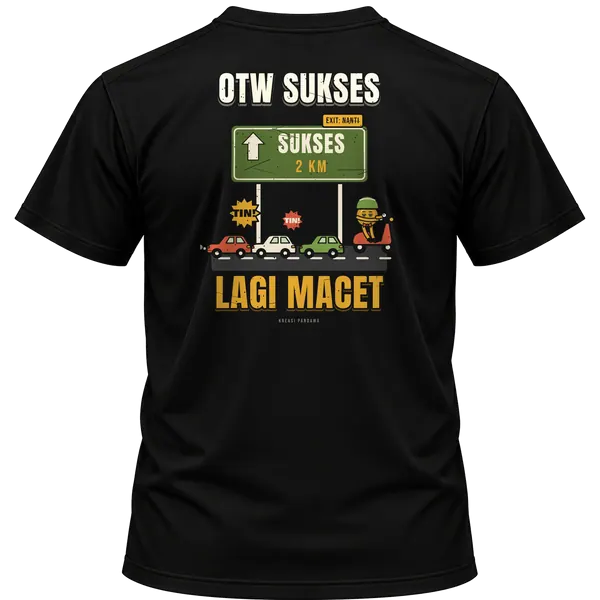Mockup kaos hitam Kreasi Pandawa tampak belakang, sablon punggung: OTW sukses, lagi macet