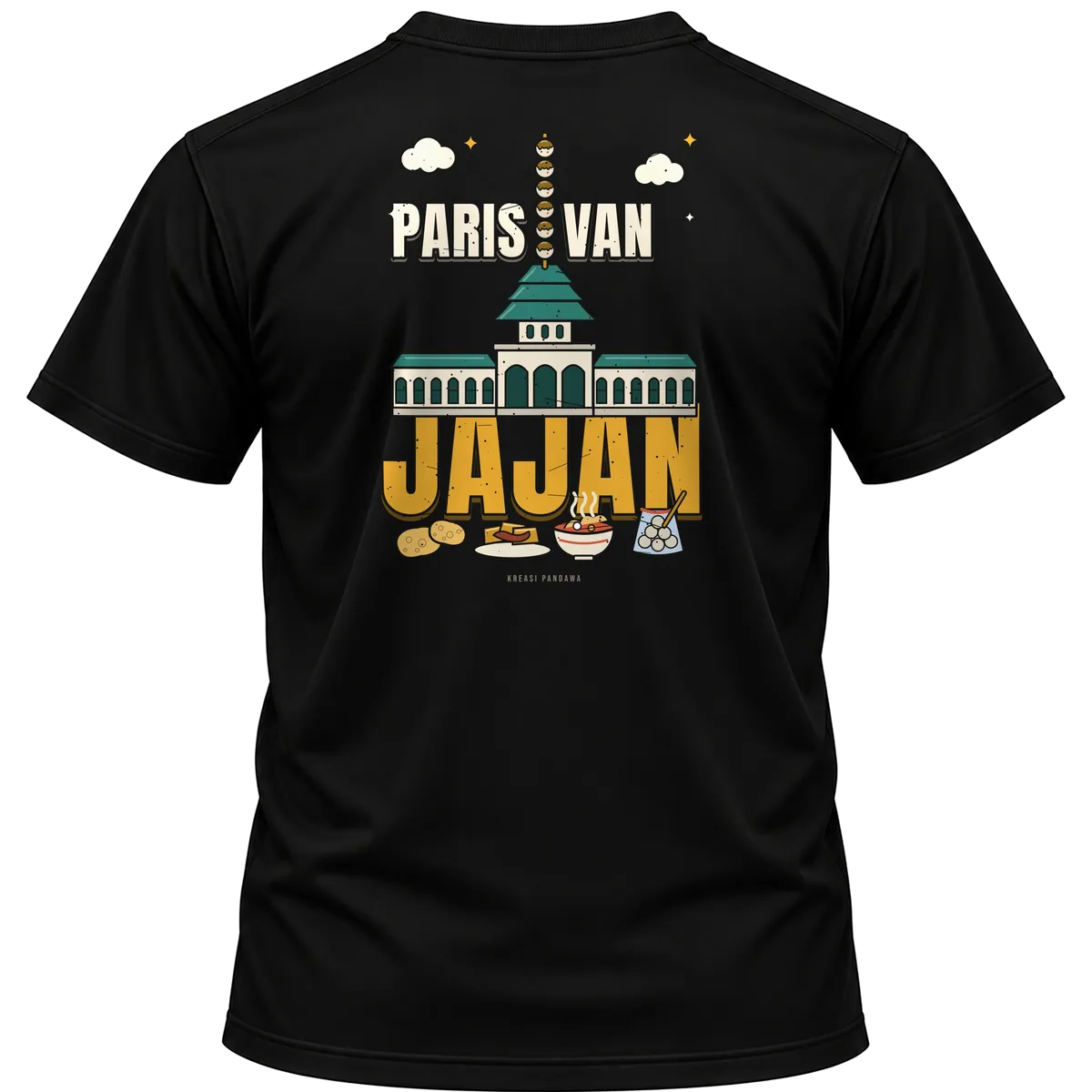 Mockup kaos hitam Kreasi Pandawa tampak belakang, sablon punggung: Paris van jajan