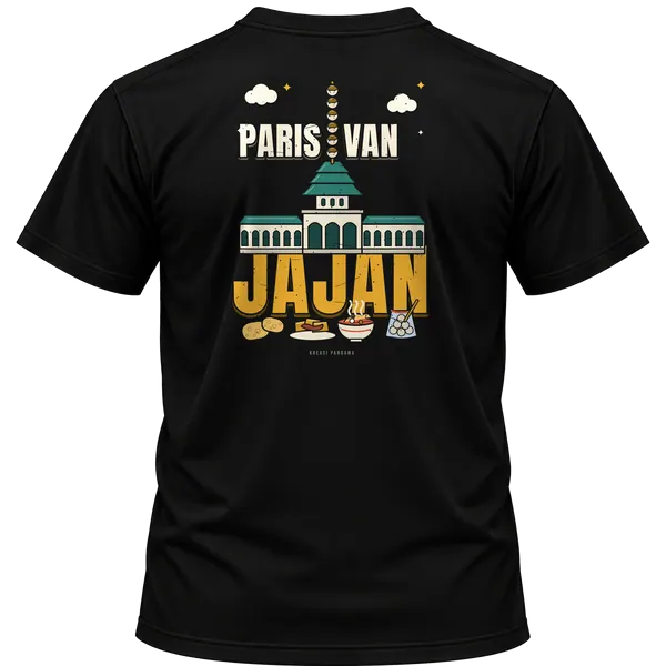 Mockup kaos hitam Kreasi Pandawa tampak belakang, sablon punggung: Paris van jajan