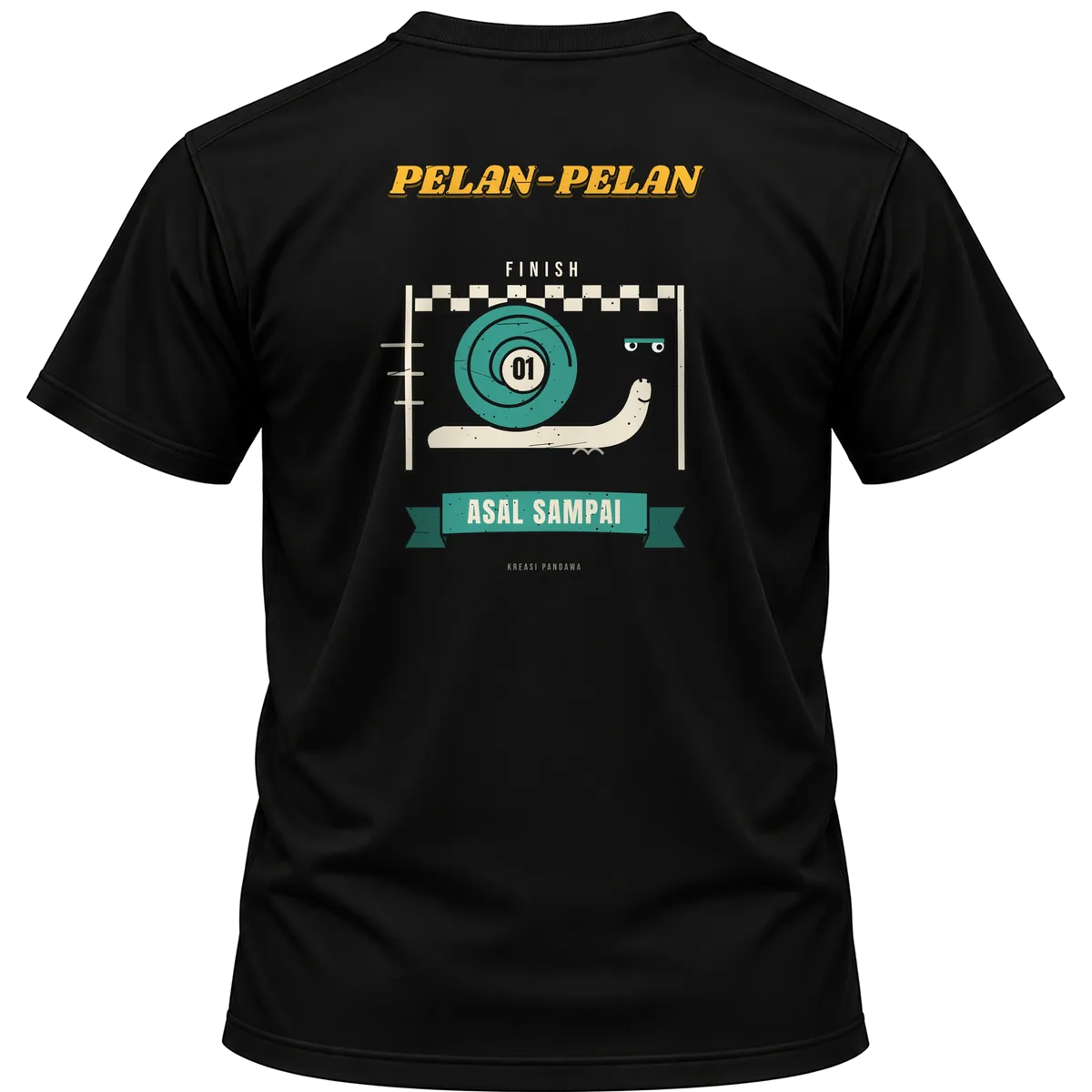 Mockup kaos hitam Kreasi Pandawa tampak belakang, sablon punggung: Pelan-pelan asal sampai
