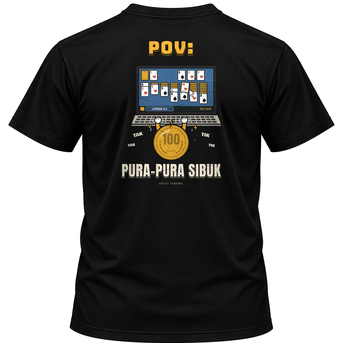 Mockup kaos hitam Kreasi Pandawa tampak belakang, sablon punggung: POV: pura-pura sibuk