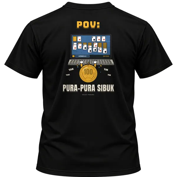 Mockup kaos hitam Kreasi Pandawa tampak belakang, sablon punggung: POV: pura-pura sibuk
