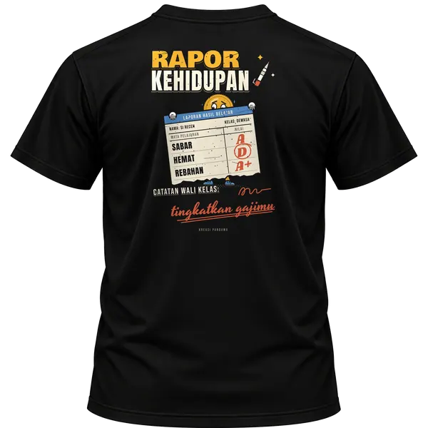 Mockup kaos hitam Kreasi Pandawa tampak belakang, sablon punggung: Rapor kehidupan, catatan wali kelas: tingkatkan gajimu