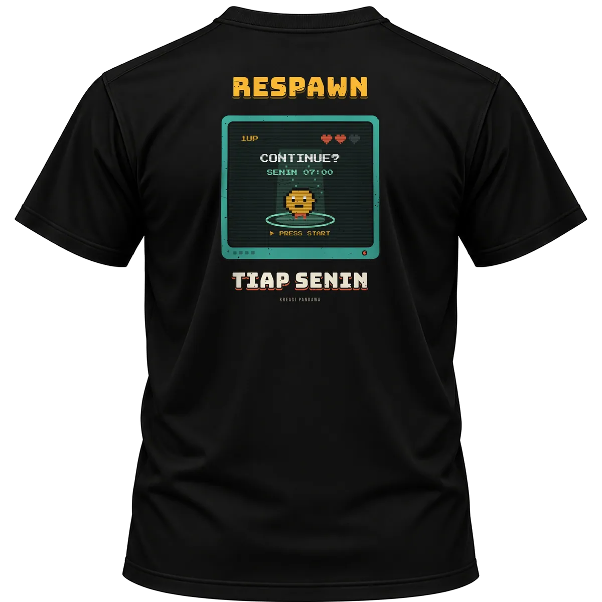 Mockup kaos hitam Kreasi Pandawa tampak belakang, sablon punggung: Respawn tiap Senin