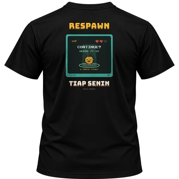 Mockup kaos hitam Kreasi Pandawa tampak belakang, sablon punggung: Respawn tiap Senin