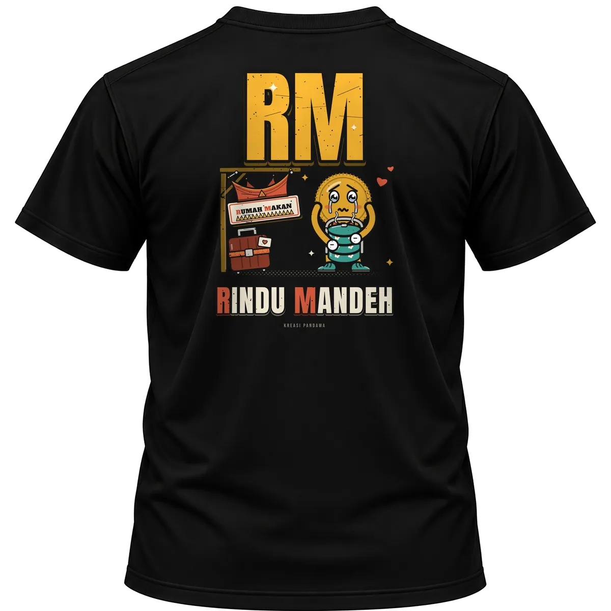 Mockup kaos hitam Kreasi Pandawa tampak belakang, sablon punggung: RM: Rindu Mandeh