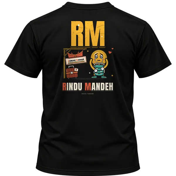 Mockup kaos hitam Kreasi Pandawa tampak belakang, sablon punggung: RM: Rindu Mandeh