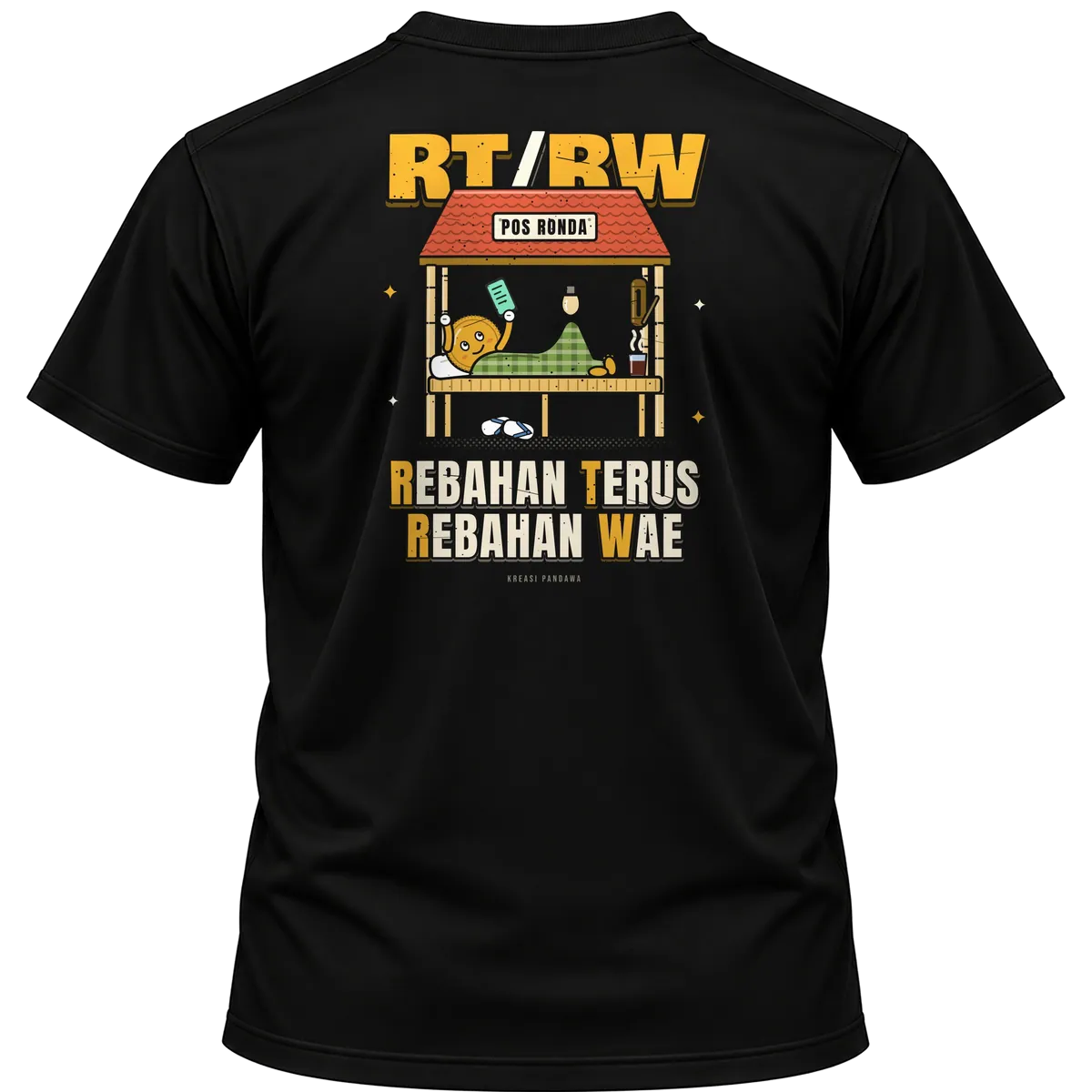 Mockup kaos hitam Kreasi Pandawa tampak belakang, sablon punggung: RT/RW: Rebahan Terus / Rebahan Wae