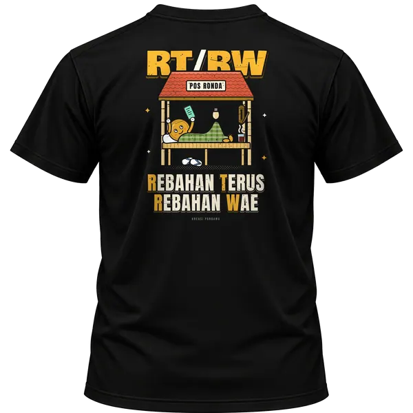 Mockup kaos hitam Kreasi Pandawa tampak belakang, sablon punggung: RT/RW: Rebahan Terus / Rebahan Wae