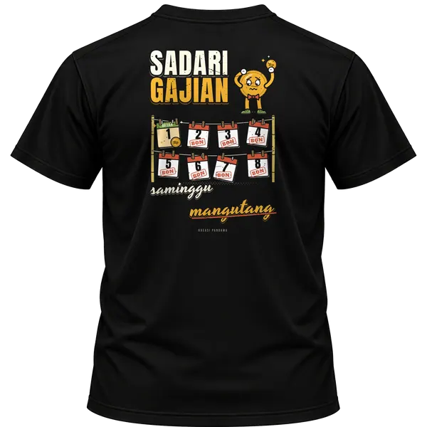 Mockup kaos hitam Kreasi Pandawa tampak belakang, sablon punggung: Sadari gajian, saminggu mangutang