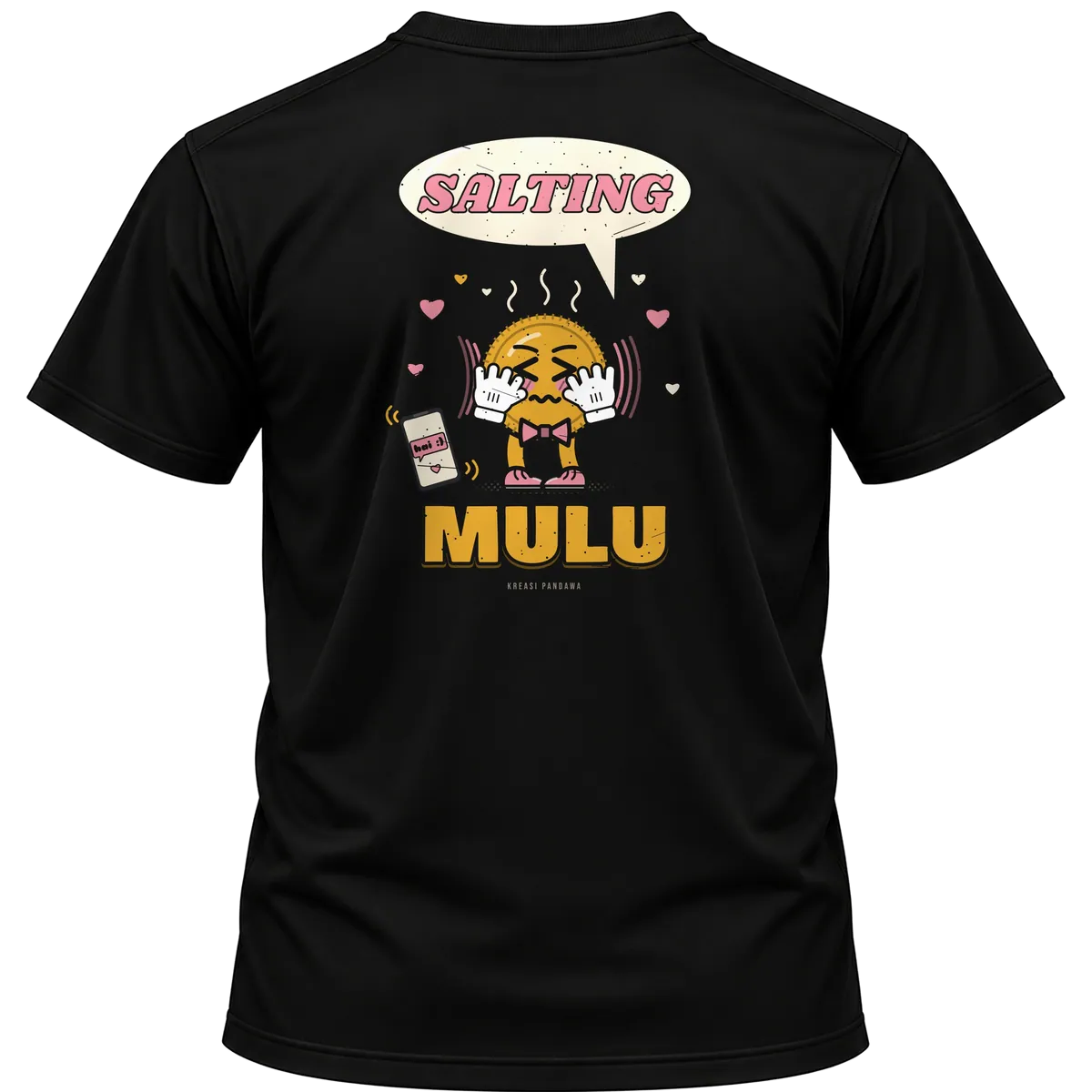 Mockup kaos hitam Kreasi Pandawa tampak belakang, sablon punggung: Salting mulu