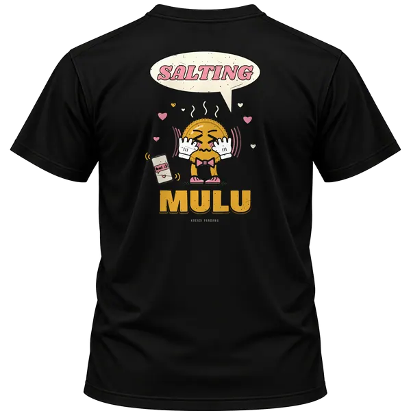 Mockup kaos hitam Kreasi Pandawa tampak belakang, sablon punggung: Salting mulu