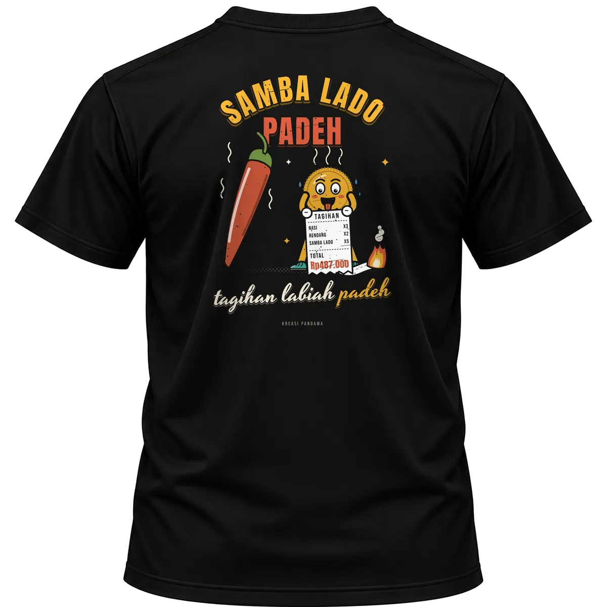 Mockup kaos hitam Kreasi Pandawa tampak belakang, sablon punggung: Samba lado padeh, tagihan labiah padeh