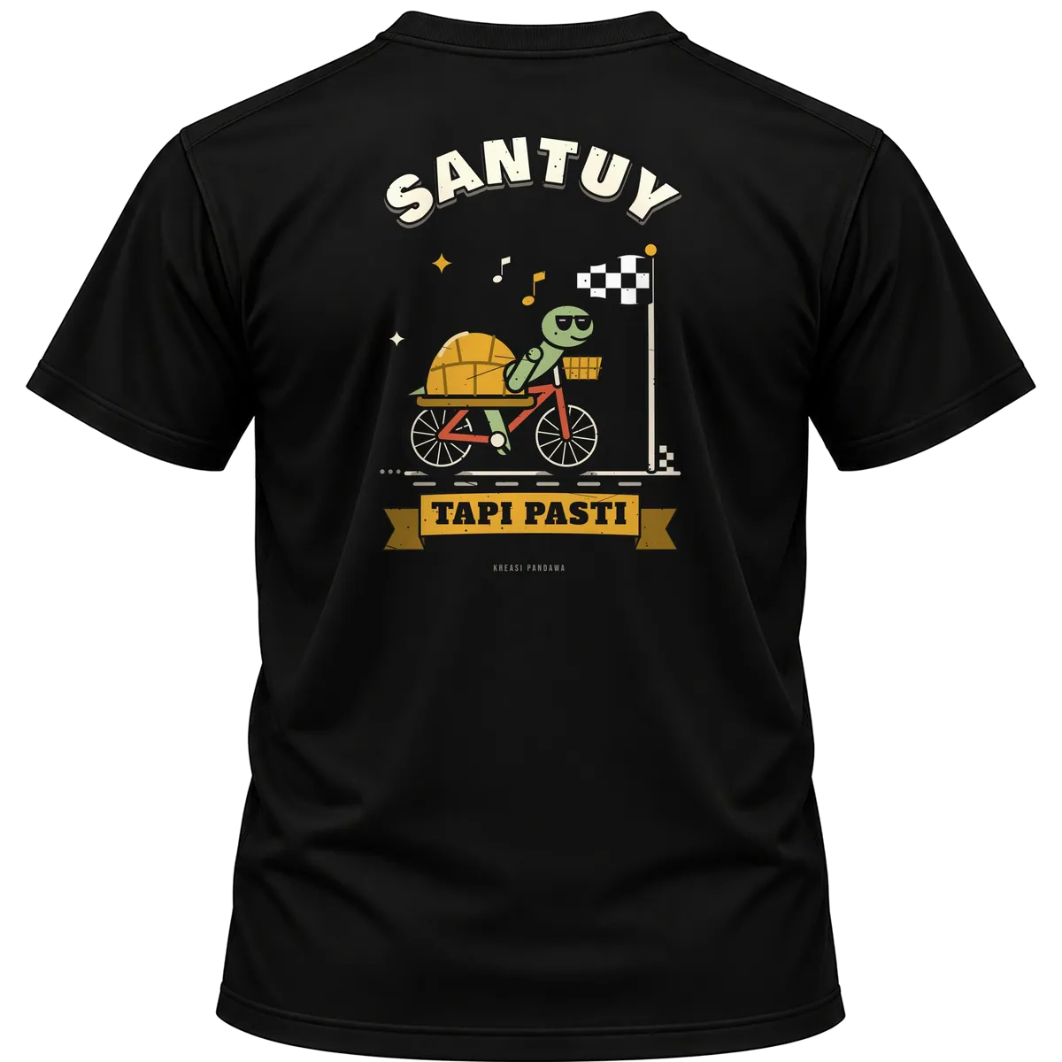 Mockup kaos hitam Kreasi Pandawa tampak belakang, sablon punggung: Santuy tapi pasti