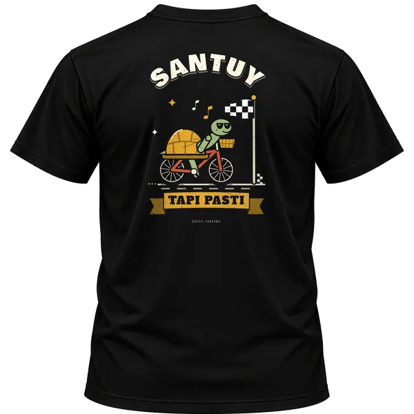 Mockup kaos hitam Kreasi Pandawa tampak belakang, sablon punggung: Santuy tapi pasti