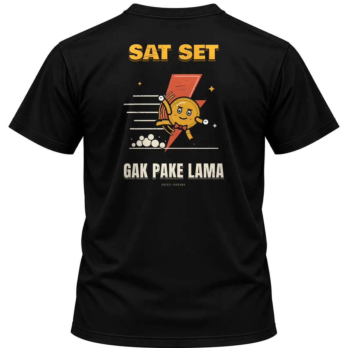 Mockup kaos hitam Kreasi Pandawa tampak belakang, sablon punggung: Sat set, gak pake lama