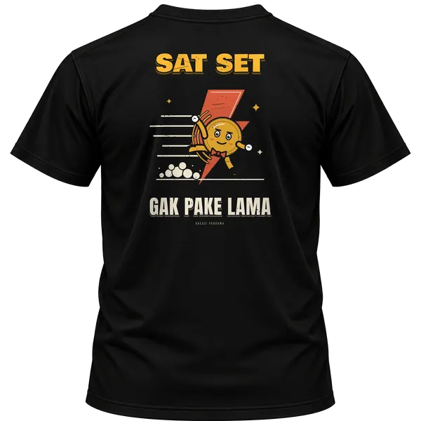 Mockup kaos hitam Kreasi Pandawa tampak belakang, sablon punggung: Sat set, gak pake lama