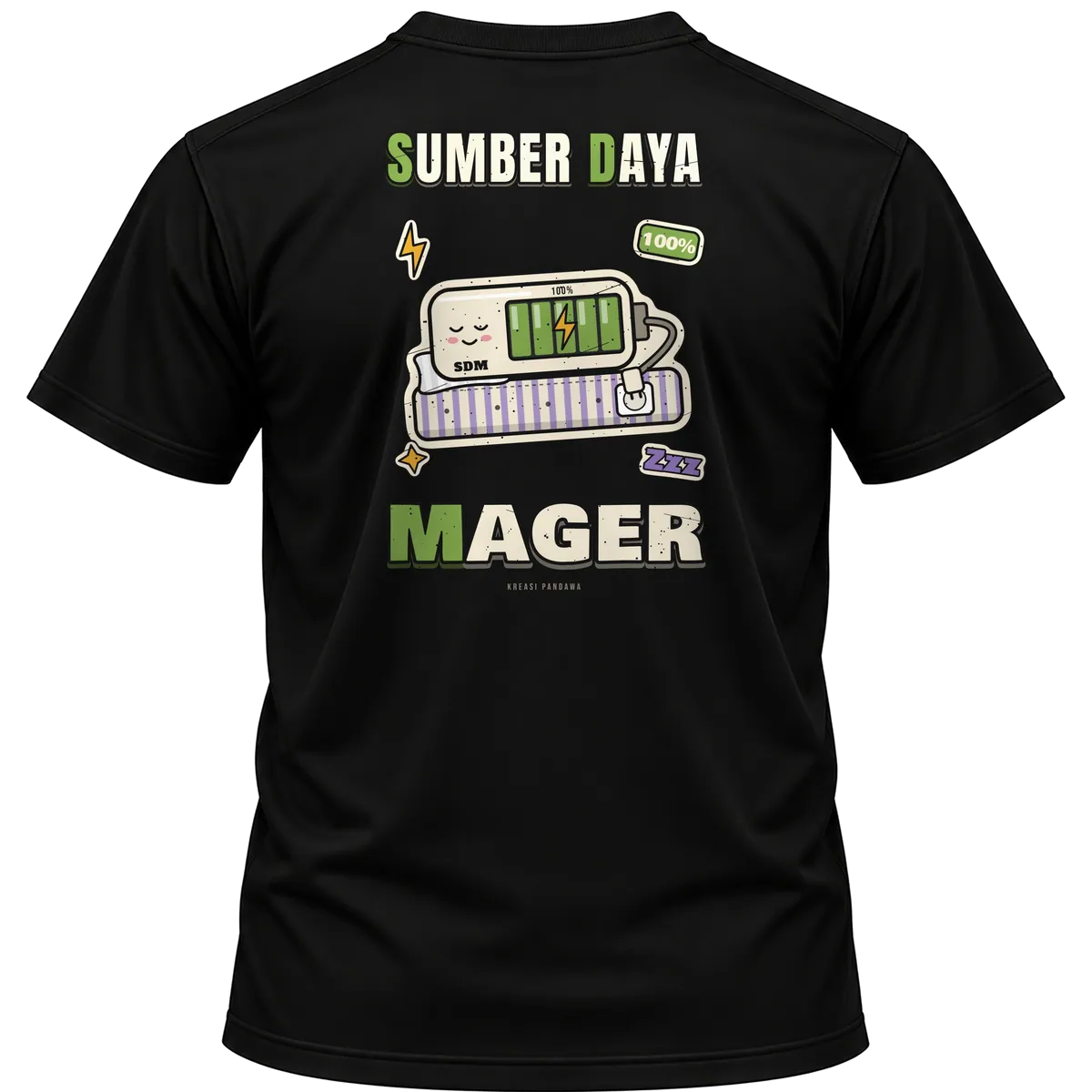 Mockup kaos hitam Kreasi Pandawa tampak belakang, sablon punggung: SDM: Sumber Daya Mager