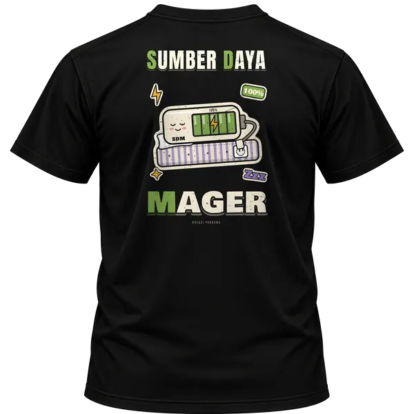 Mockup kaos hitam Kreasi Pandawa tampak belakang, sablon punggung: SDM: Sumber Daya Mager