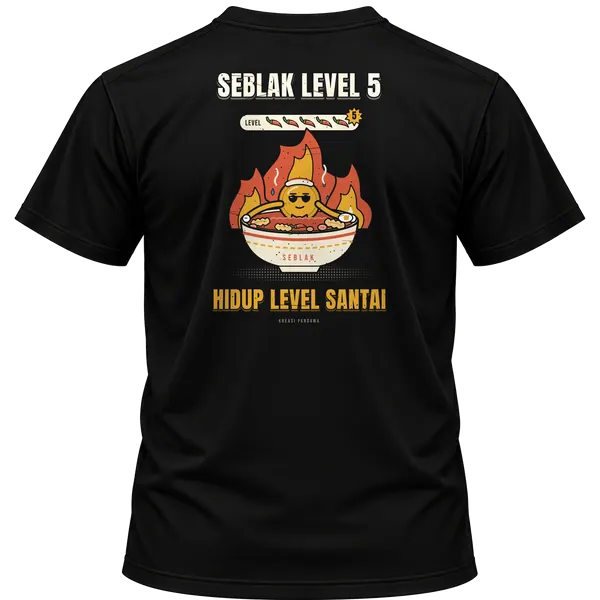 Mockup kaos hitam Kreasi Pandawa tampak belakang, sablon punggung: Seblak level 5, hidup level santai