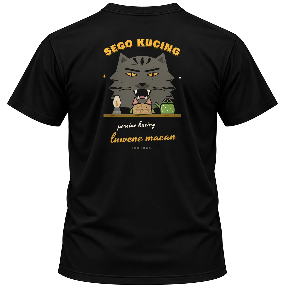 Mockup kaos hitam Kreasi Pandawa tampak belakang, sablon punggung: Sego kucing, porsine kucing, luwene macan