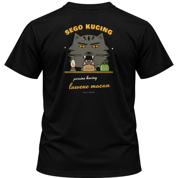Mockup kaos hitam Kreasi Pandawa tampak belakang, sablon punggung: Sego kucing, porsine kucing, luwene macan