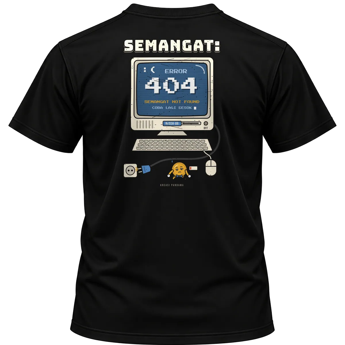 Mockup kaos hitam Kreasi Pandawa tampak belakang, sablon punggung: Semangat: 404