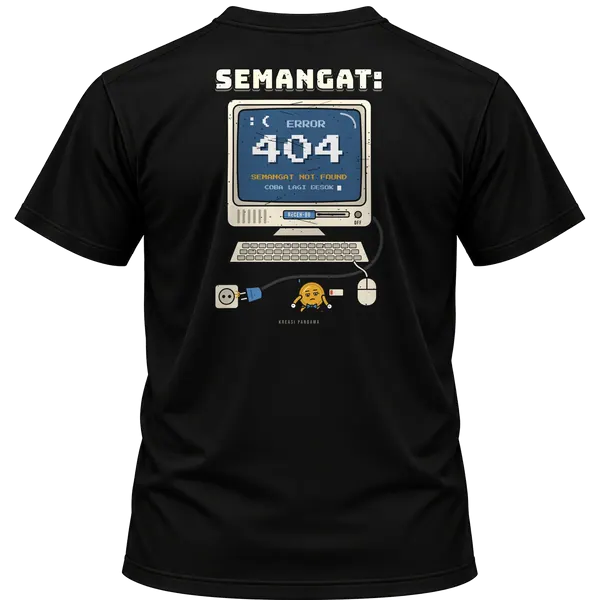 Mockup kaos hitam Kreasi Pandawa tampak belakang, sablon punggung: Semangat: 404