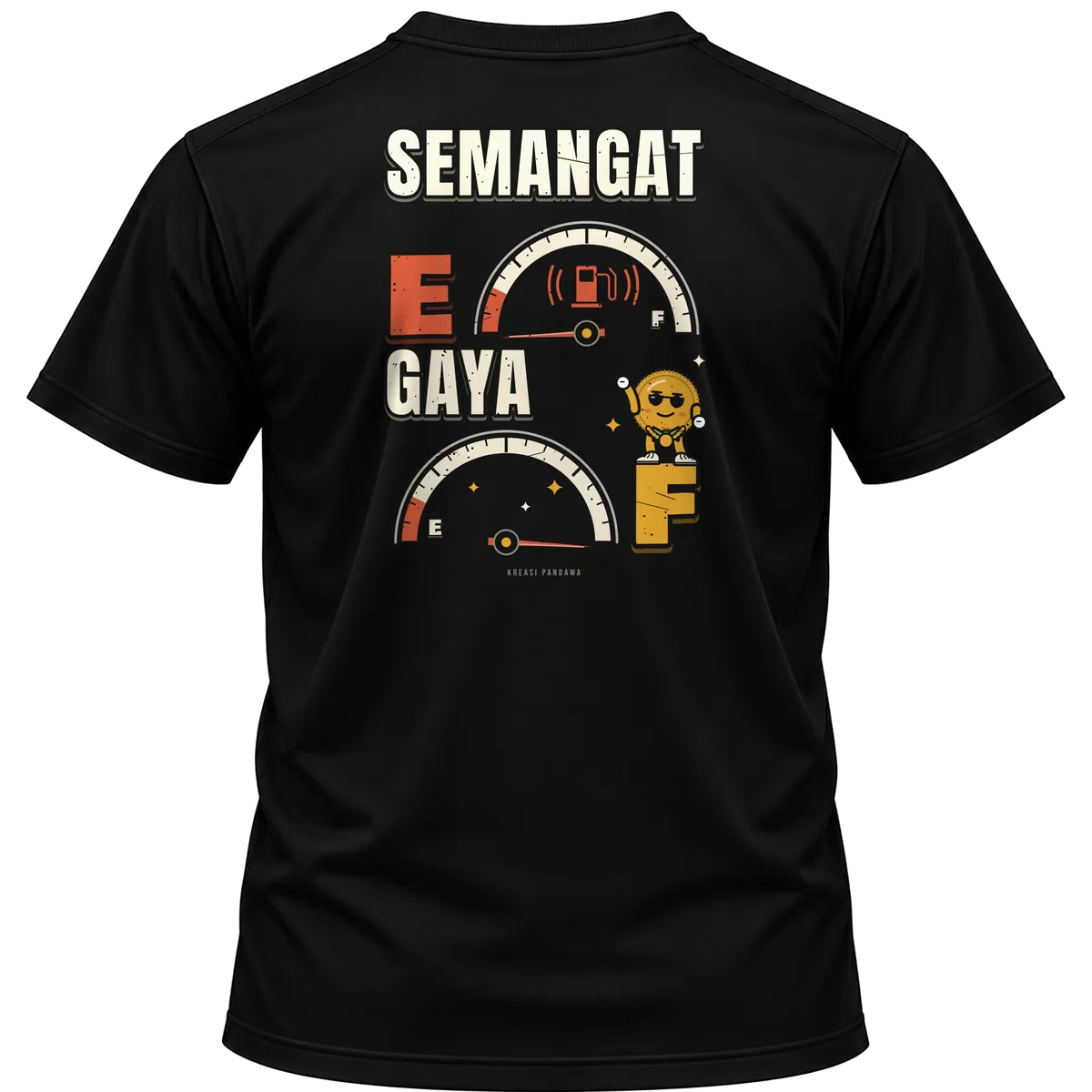 Mockup kaos hitam Kreasi Pandawa tampak belakang, sablon punggung: Semangat E, gaya F
